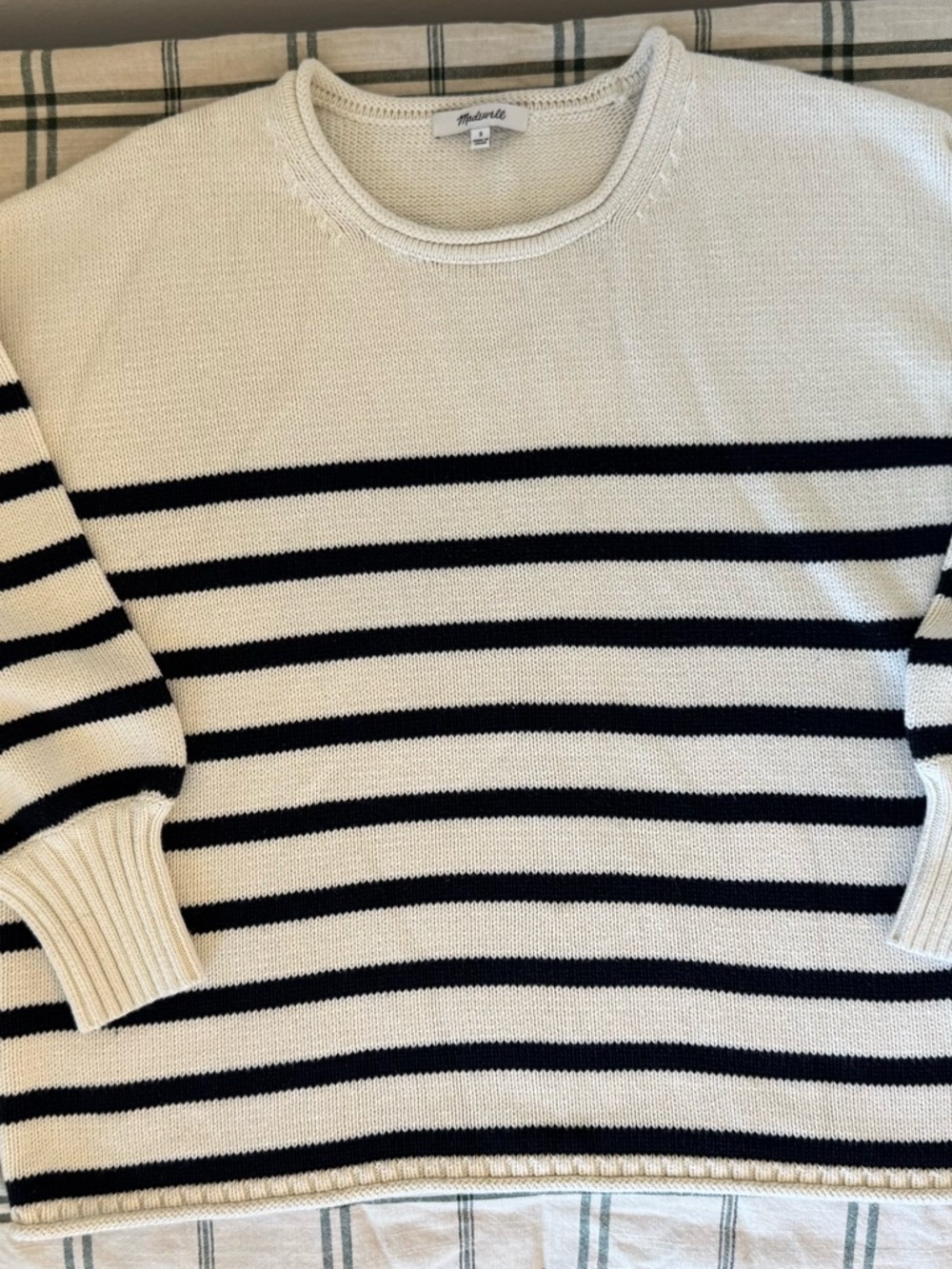 Madewell Cream and Black Striped Crewneck Sweater